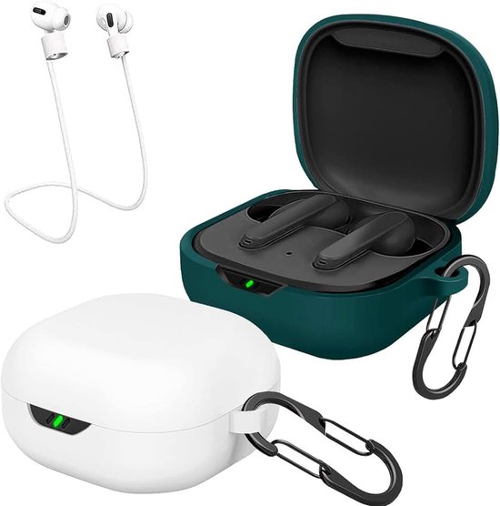 [Set van 2] easyBee Hoesje voor JBL Vibe Flex/JBL Wave Flex/JBL Wave 300 TWS met 2 Karabijnhaken 2 Anti-verlies Riemen, Siliconen Beschermhoes Stootvast Hoofdtelefoon Hoes - Wit en Groen