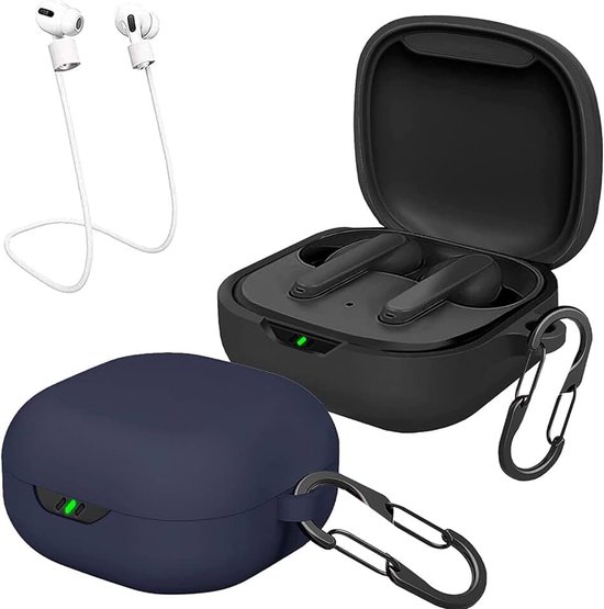 [Set van 2] easyBee Hoesje voor JBL Vibe Flex/JBL Wave Flex/JBL Wave 300 TWS met 2 Karabijnhaken 2 Anti-verlies Riemen, Siliconen Beschermhoes Stootvast Hoofdtelefoon Hoes - Zwart en Blauw