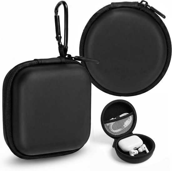 Set van 2 multifunctionele ritszakjes, 1 ronde mesh tas (8 x 8 x 3,5 cm) & 1 vierkant zakje (8,5 x 8,5 x 3,5 cm), schokbestendige opberghoesjes voor oortelefoons, kabels, USB-drives en kleine