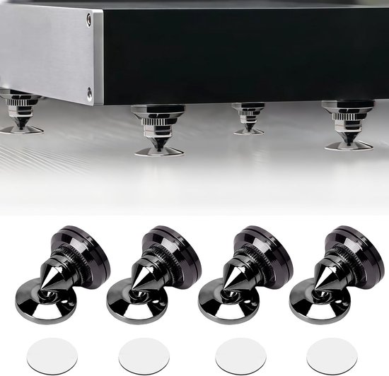 Set van 4 subwoofer spikes met 8 antislipmatten en 4 basispads voor hi-fi luidsprekers, trillingsdempende luidsprekerstandaard, niet verstelbare hoogte