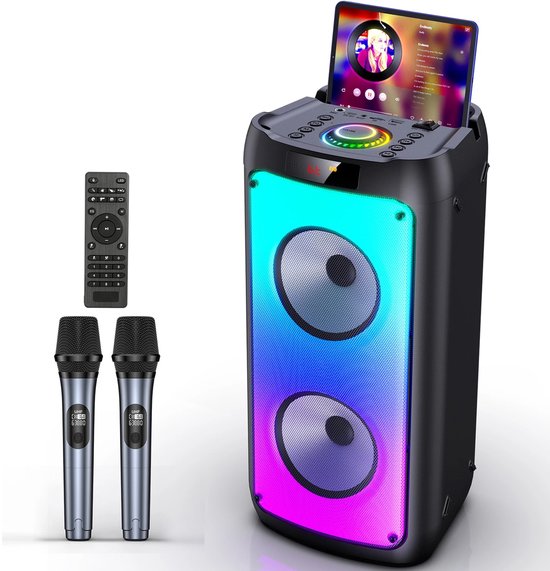 ShaSha Bluetooth speaker - Party speaker - Met 2 draadloze microfoons - Muziek box - Bluetooth karaoke - Draadloze muziek box - Met Led verlichting - Lange batterijduur - Zwart van Merkloos