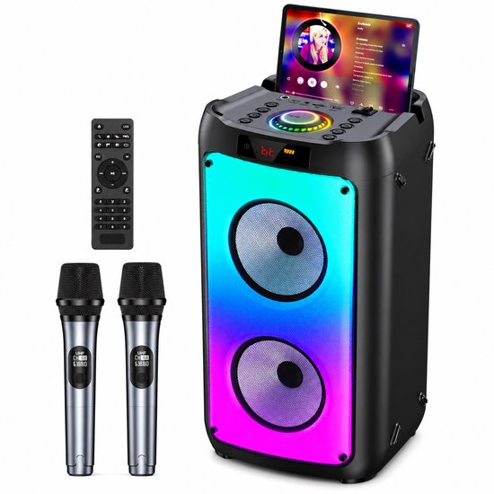 ShaSha Partybox Bluetooth Speaker met 2 Draadloze Microfoons - Karaoke Set voor Volwassenen - Muziek Box met LED Verlichting - Zwart