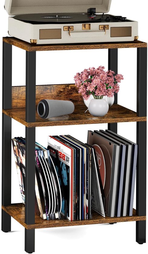 Signature Home LP Opbergsysteem - Platenspeler Meubel met opbergruimte - Vinyl Opbergsysteem - voor 100 albums - Stand Platenspelerstandaard - bruin - Zwart