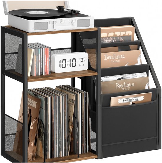 Signature Home LP Opbergsysteem - Vinyl Opbergkast - Platenrek - Platenspeler Meubel met Opbergruimte - LP Kast voor ±140 Platen - Platenspeler Standaard - Hout Metaal - Bruin Zwart - 30x81x69 cm