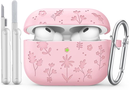 Silicone Carving Case for AirPods Pro 3,Cute Flower Engraved,Pink