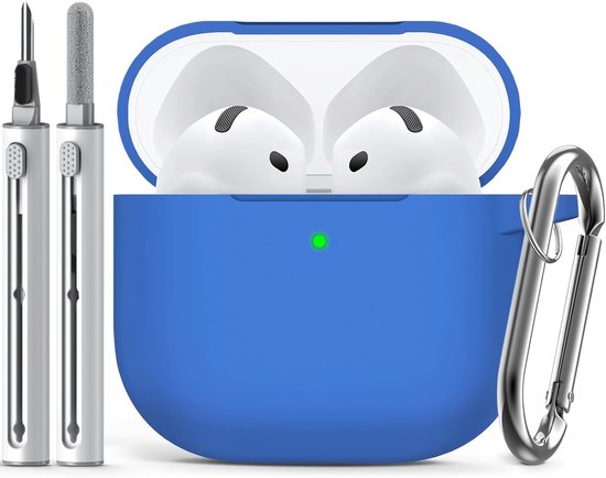 Siliconen beschermhoes compatibel met Apple Airpods 4 met actieve ruisonderdrukking, hoes met draadloos opladen en zichtbare led aan de voorkant, met reinigingspen, azuurblauw