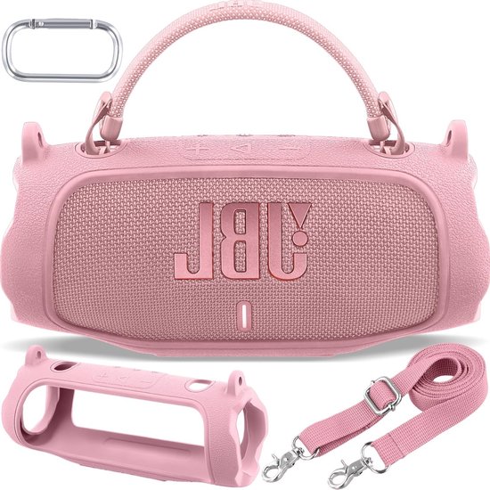 Siliconen Beschermhoes voor Bluetooth Speaker, Draagtas met Schouderband en Karabijnhaak, Geschikt voor JBL Charge 6 (Roze)