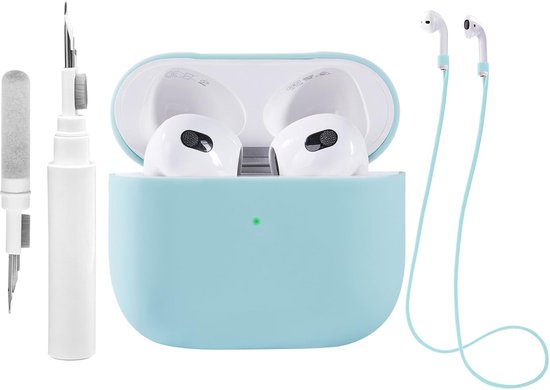 Siliconen hoesje compatibel met Airpods 3 met reinigingsset, beschermhoes compatibel met Apple Airpods 3 met sportband, zachte hoes (lichtblauw)
