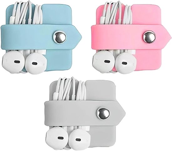 siliconen kabelopwikkelaar, USB-kabelorganizer en opslag van hoofdtelefoon, kabelwikkelaar, lichtblauw, grijs, roze kabelhaspel, klein