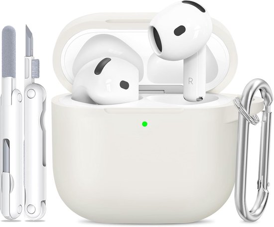 Siliconen voor AirPods 4 Hoes, A9-Pearl White | Zacht, licht, antislip, krasbestendig, bedraad/draadloos laden. Reinigingspen + sleutelhanger.