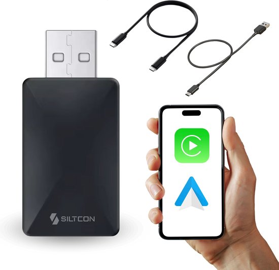 Siltcon® 2-in-1 Carplay Dongle - Android Auto Dongle - Carplay Apple - Carplay Draadloos - Wireless Carplay - Android Auto - USB - USB-C - Zwart - 2024 Model van Siltcon