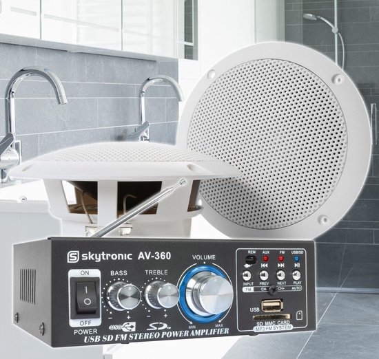 SkyTronic badkamer speakerset 5 incl. versterker en 10 meter luidsprekerkabel van SkyTronic