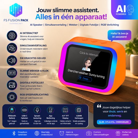 Slimme AI Speaker met RGB Verlichting & Digitale Fotolijst - Slimme wekker-FS Fusion Pack Slimme AI Speaker met RGB Verlichting & Digitale Fotolijst – Draadloze Bluetooth Speaker, Wekker, TFT Display, Spraakbesturing, Smart Alarm Klok & App Cadeau van Merkloos