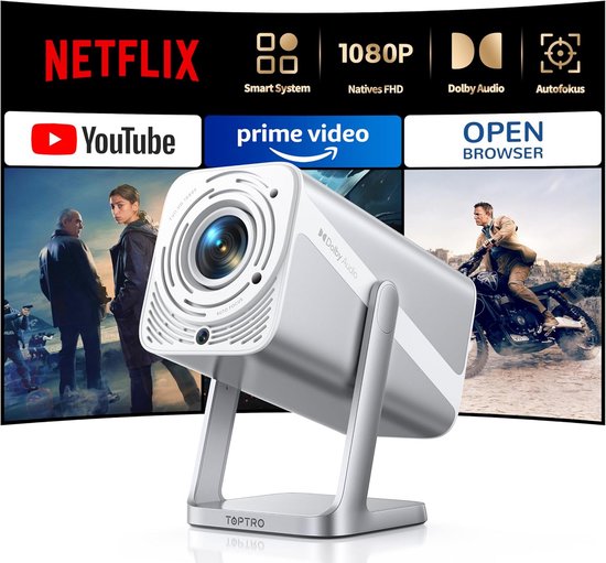 Smart Beamer - Home Cinema - Film Avond - Automatische Trapeziumcorrectie - 1080P FHD - Zilver Grijs