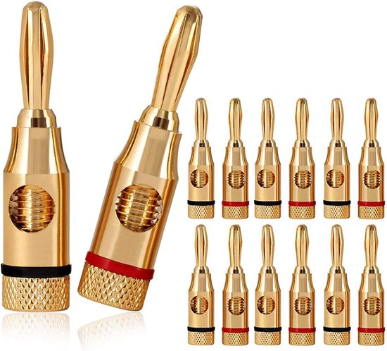 SnelShoppen - 12 Stuks Goud Geplateerde Speaker Banana Plugs (6 Rood en 6 Zwart) Gesloten Schroef Type voor Speaker Draad, Thuisbioscoop, Wandcontactd