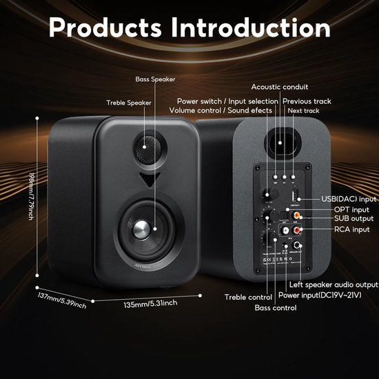 SnelShoppen - 2.1 Actieve Boekenplank Speakers - 80W HiFi Stereo met Bluetooth 5.3, USB, RCA, Sub-Out - Perfect voor PC, Thuisbioscoop en Muziek