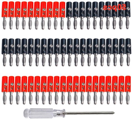 SnelShoppen - 50x 4mm Bananenpluggen - Vernikkelde Bananenluidsprekerpluggen - Soldeervrije Adapter voor Luidsprekers en Audio/Video Ontvangers (Rood,