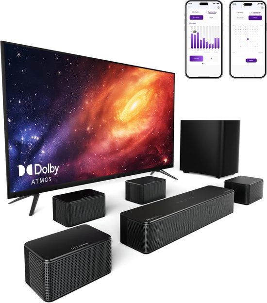 SnelShoppen - 7.1 Soundbar voor TV met Dolby Atmos, Surround Sound System 460W, Draadloze Subwoofer, 4 Bekabelde Surround Speakers, App-Bediening, Hom