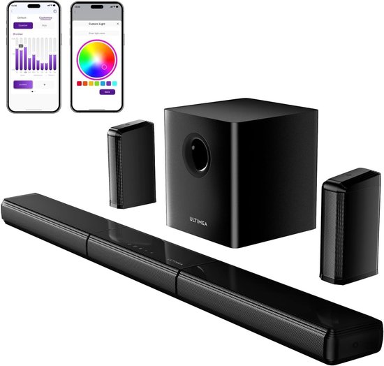 SnelShoppen - 7.1ch Surround Soundbar met 2 Surround Speakers en 6.5 Inch Subwoofer, RGB Verlichting, App Controle, HDMI/Opt/AUX/BT, Perfect voor TV e