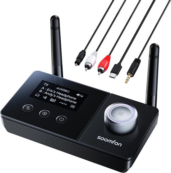 SnelShoppen - Bluetooth 5.3 Zender Ontvanger met Dubbele Antenne, 3-in-1 BT Audio Adapter voor 2 Koptelefoons, Bluetooth Transmitter Receiver voor TV/