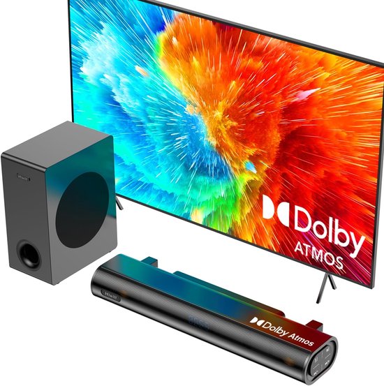 SnelShoppen - Dolby Atmos Soundbar met Subwoofer, 2.1 Kanaals Geluid, Instelbare Hoge en Lage Tonen, Helder Dialoog, HDMI eARC/ARC/Opt/BT/AUX, 200W Pi