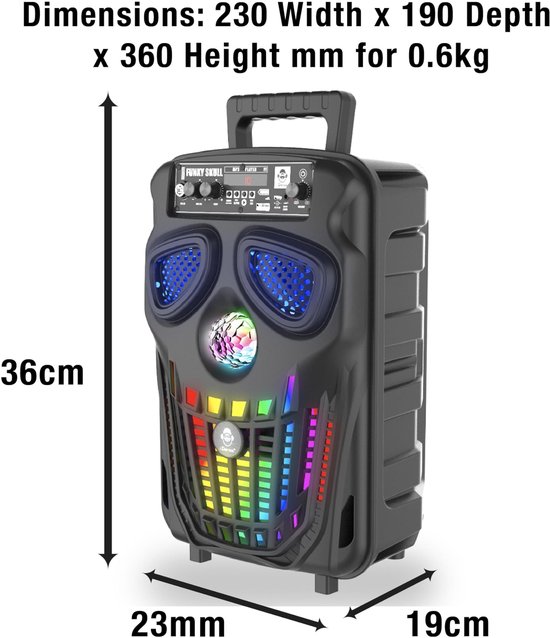 SnelShoppen - Draagbare Bluetooth PartyBox Funky Skull FS400 - Partyluidspreker met Lichteffecten voor Feesten, Tuin, Camping, Kleurige Geluidservarin