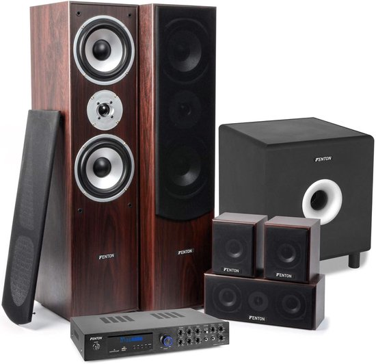 SnelShoppen - Home cinema set 5.1 met Bluetooth versterker, 200W actieve subwoofer en walnotenhouten surround speakers voor optimale film- en muziekbe