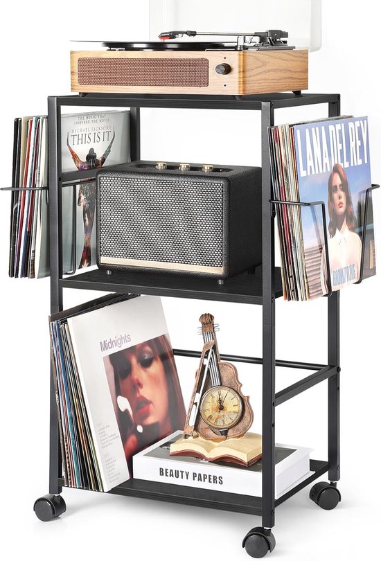 SnelShoppen - Moderne Grammofoonstandaard met 2 Stands voor 150 Vinylplaten en Side Table - Zwart - Perfect voor Woonkamer en Slaapkamer