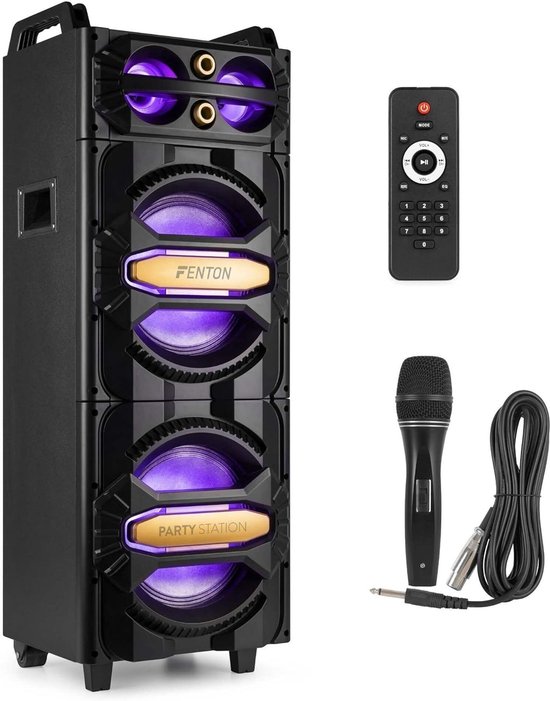 SnelShoppen - Partybox Bluetooth Speaker 800W met Karaoke Set, Microfoon, RGB LED Lichtshow, 10” Woofer, USB/MicroSD, AUX, Echo, Afstandsbediening en