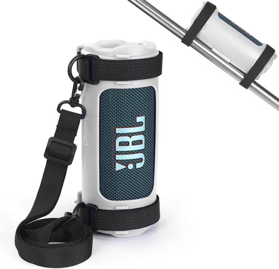 SnelShoppen - Silicone Hoes Geschikt voor JBL Flip 7 Draagbare Speaker, Zachte Skin Cover met Schouderriem en Fietsband (Grijs)