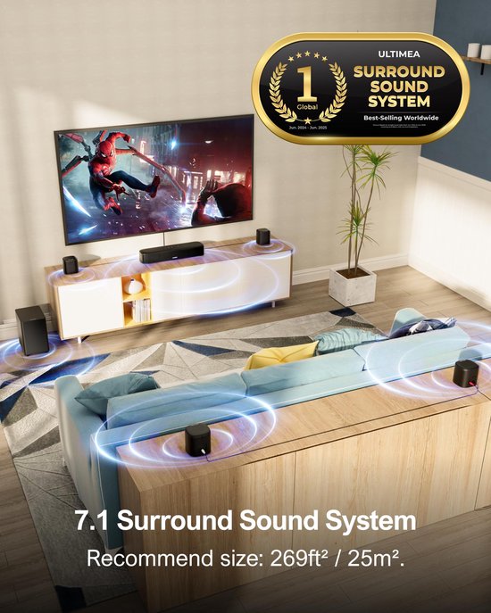 SnelShoppen - ULTIMEA 7.1ch Soundbar voor TV met Bluetooth, Draadloze Subwoofer, 120W Vermogen, Geschikt voor Films, Muziek en Gaming, Zwart