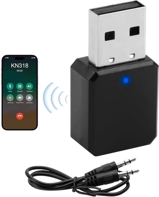 SnelShoppen - USB Bluetooth 5.1 Auto Adapter met AUX Uitgang en USB Bluetooth Ontvanger - Plug and Play met 3.5mm Audiokabel voor Speakers, Handsfree