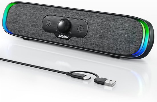 SnelShoppen - USB C Bluetooth RGB Soundbar Luidspreker voor PC, Laptop, Monitor - Compacte Computerluidspreker met 3 LED Lichteffecten voor Gaming en