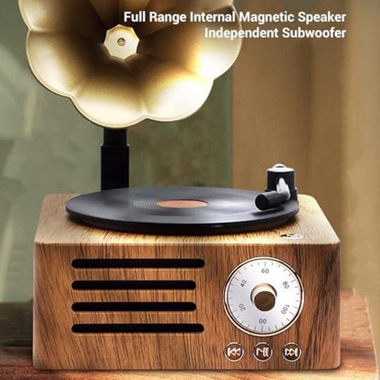 SnelShoppen - Vintage Bluetooth Speaker Draagbare Houten Grammofoon Vorm Retro Rotatable Stereo Speaker voor Thuis, Kantoor, Feest, Camping