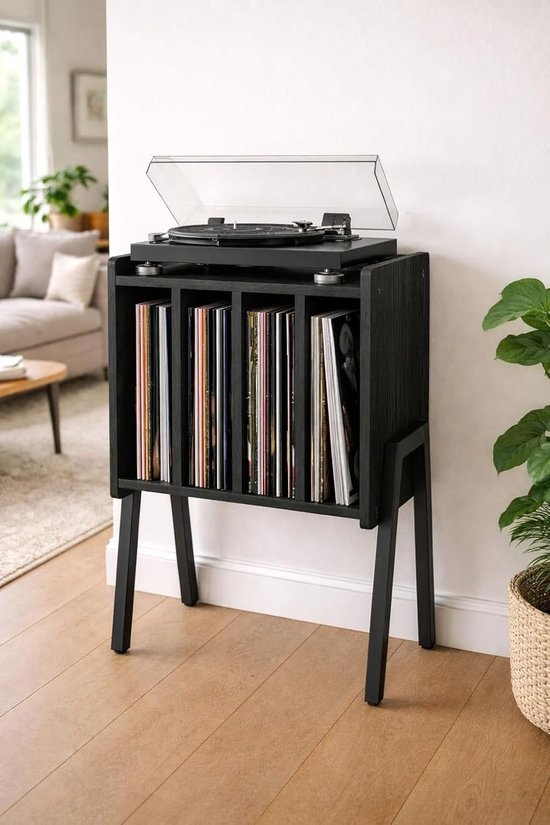 SNJY® Platenspeler Meubel - Platenspeler Kast - LP Houder - Platenhouder - 30D x 40B x 66H cm - Zwart
