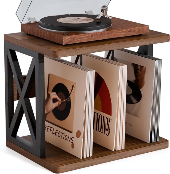 SNJY® Platenspeler Meubel - Platenspeler Kast - LP Houder - Platenhouder - 32D x 40B x 36H cm - Bruin/Zwart