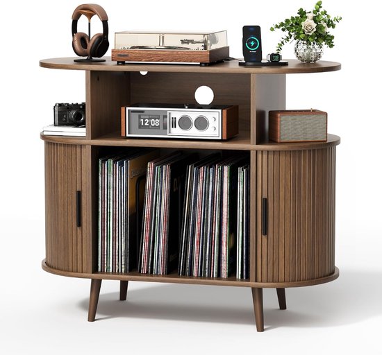 SNJY® Platenspeler Meubel - Platenspeler Kast - LP Houder - Platenhouder - 40D x 90B x 77H cm - Bruin