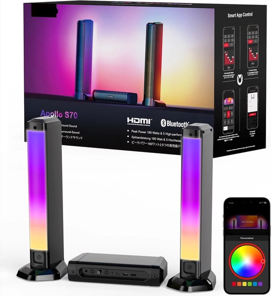 Soundbar - 2-in-1 - 5.0ch Soundbar voor TV - Afneembare soundbar - Luidsprekers - Luidsprekerkabels - Speaker - Stereo - BT 5.3 - 180W - RGB-Verlichting - Zwart van Linnax