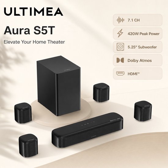 Soundbar 420W - 7.1-Kanaals Dolby Atmos - 5,25 Inch Subwoofer - Zwart - Voor Thuisbioscoop