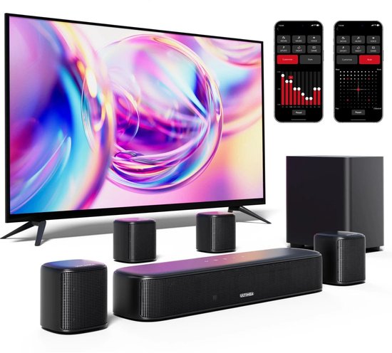 Soundbar - 7.1ch - Soundbar met Subwoofer - Soundbar voor TV - Smart App Control - 330W - Afneembare - 4 Surround Speakers - Zwart van Merkloos