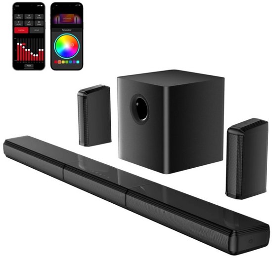Soundbar - 7.1ch - Soundbar voor TV - Afneembare Soundbar - met 2 Surround-Luidsprekers - Subwoofer - RGB - APP-bediening - 102dB - 45Hz-20KHz - Compatibel met AUX - Optical Input - USB - Bluetooth - HDMI - Zwart van Merkloos