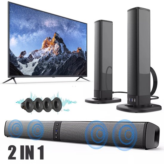 Soundbar Draadloos 2-in-1 – 4 Speakers – TWS & Bassversterking – 2000 mAh Accu – AUX, TF & FM Radio