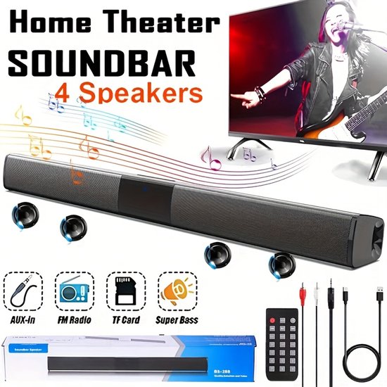 Soundbar Draadloos 20W – 4 Speakers – Surround Sound & Super Bass – FM Radio, AUX & TF – 2000 mAh Accu