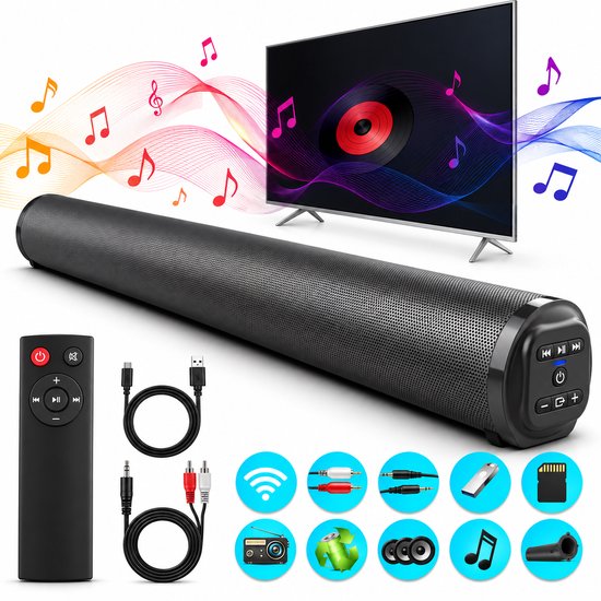 Soundbar Draadloos – 4 Speakers – Met Afstandsbediening – AUX, USB, TF-kaart & FM Radio – Zwart