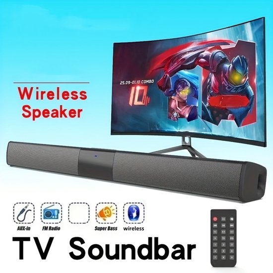 Soundbar Draadloos – Bluetooth Speaker met FM Radio – AUX Ingang – Oplaadbare Accu – Afstandsbediening – Zwart