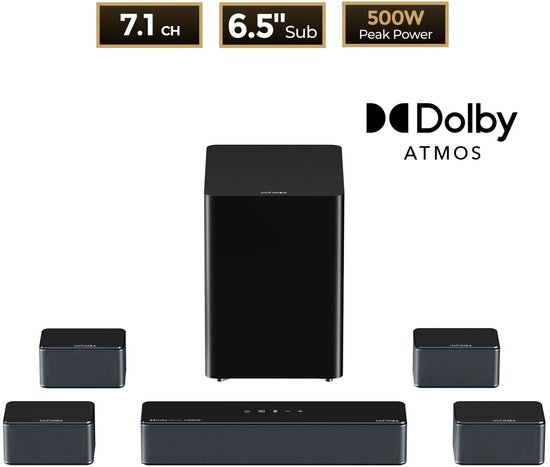 Soundbar – Home Theater Speaker – Surround Sound System – Draadloze Subwoofer – 7.1 Kanaals – Dolby Atmos – 500W Krachtig – App Bediening van Merkloos