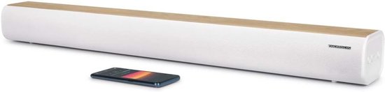 Soundbar met 200W Muziekvermogen – Bluetooth 5.0 – Optische, USB & AUX-Ingang – EQ-Voorkeuzes – Afstandsbediening – LED Bronindicator – Muurbevestigbaar – Wit & Hout Design van Straleño