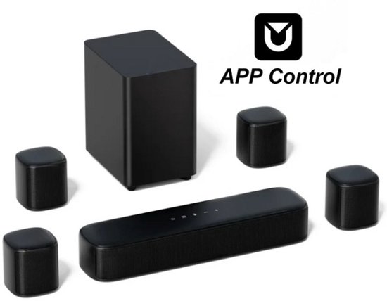 Soundbar - Soundbars voor TV en Theater - Soundbar met Subwoofer - 7.1CH - Virtuele Surround Soundbar - Smart App Control - Compatibel met AUX -Optical Input - USB - 330W Piekvermogen - 4 Surround Speakers - Zwart