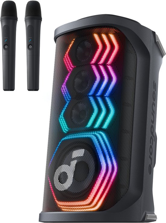 soundcore Rave 3S Partybox met AI-karaoke, partyluidspreker met 2 draadloze microfoons, 200 W geluid, AI-zangverwijdering, lichtshow, Auracast, 12 uur speeltijd, Bluetooth-luidspreker binnen en buiten van Soundcore