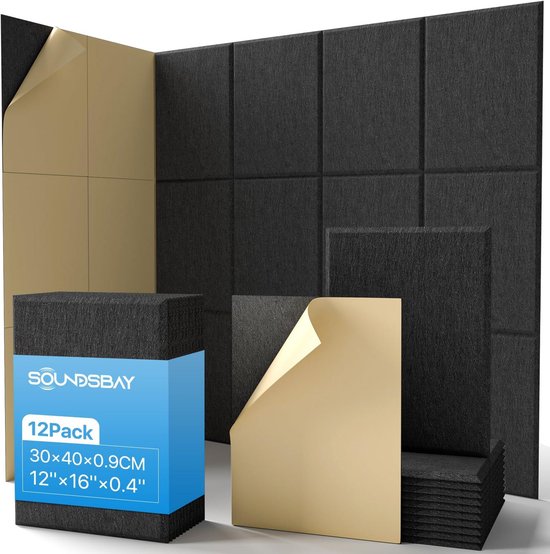 Soundsbay 12 x Acoustic Plates Self Adhesive Sound Absorbing Wall High Density Sound Insulation Panels for Acoustic Treatment and Wall Decoration, 30 x 40 x 1 cm (Black)